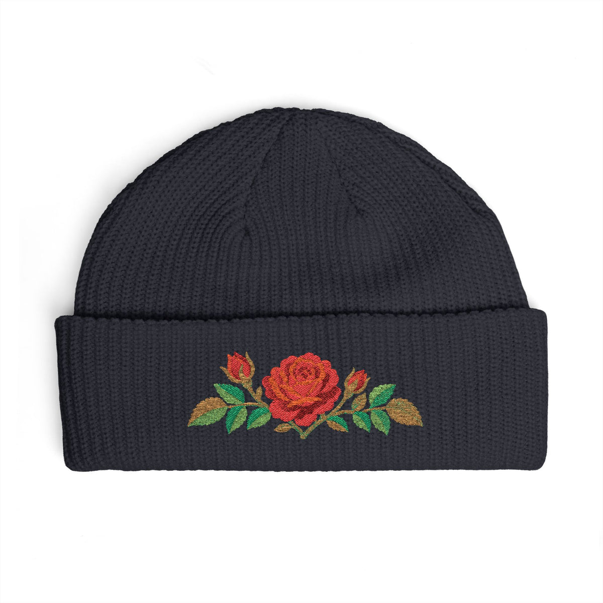 Cuffed knit beanie embroidered with the rose, June birth flower, view 7