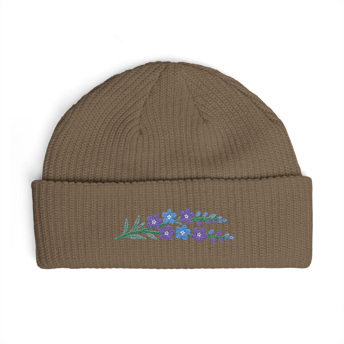 Cuffed knit beanie embroidered with the larkspur, July birth flower, view 3