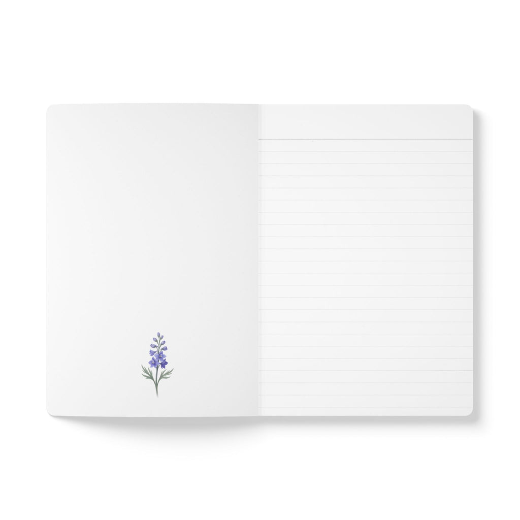 July birth flower journal with blue larkspur oil painting art and lace border on a teal cover, view 7