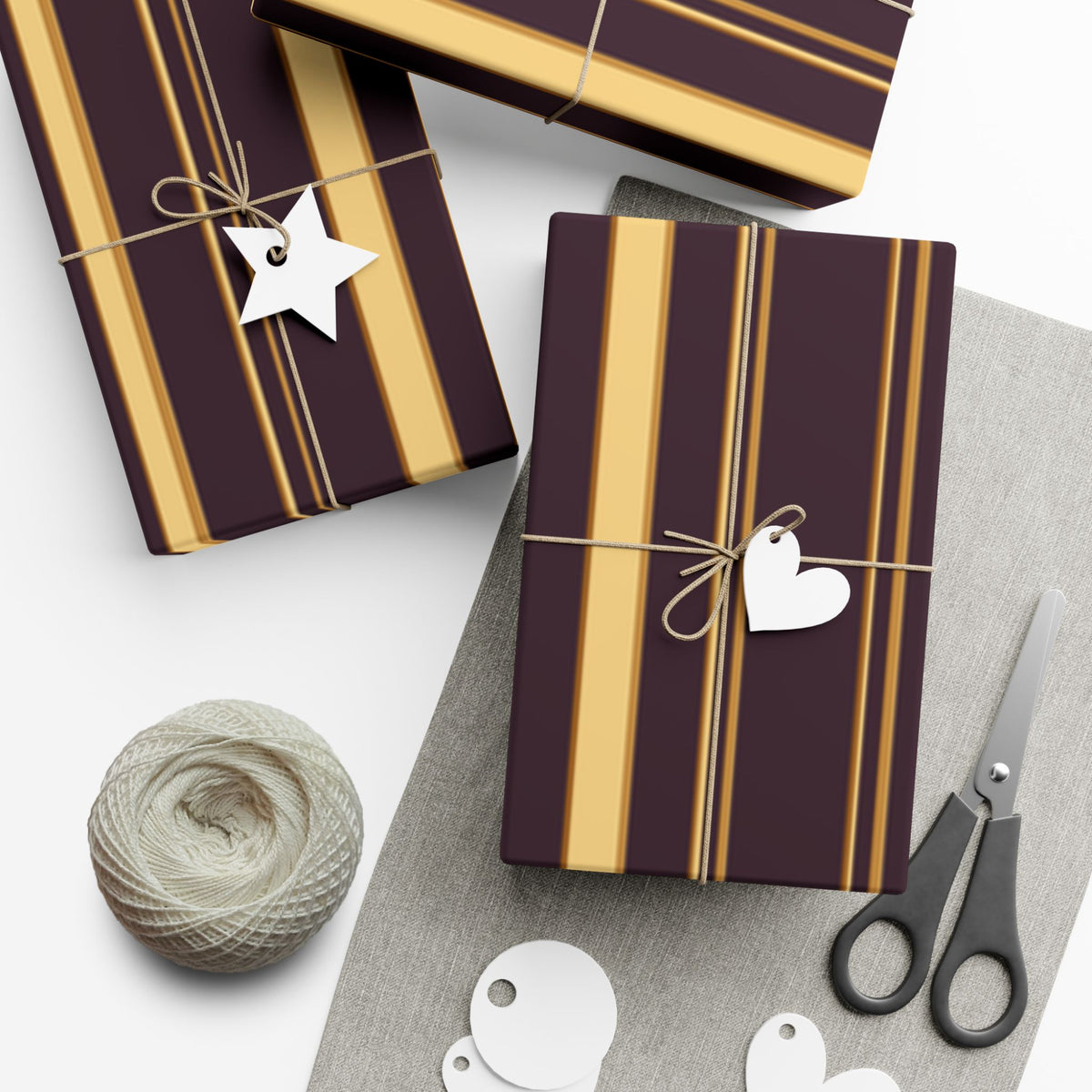 1960s-inspired gold stripe wrapping paper on deep plum, view 3