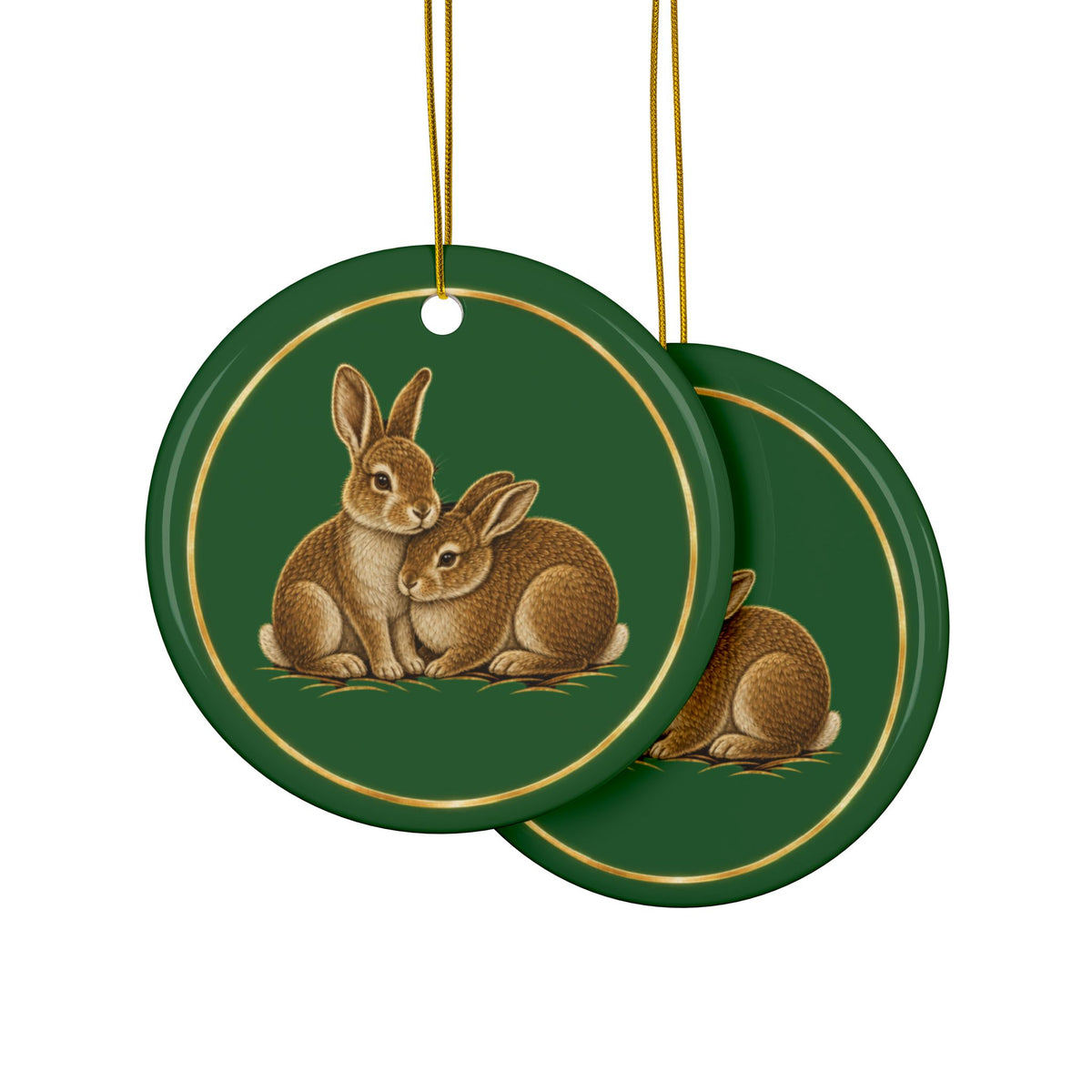 Rabbits Ornament, Woodland Creatures Christmas Ornament, Green and Gold Ceramic Ornament, Couples Gift
