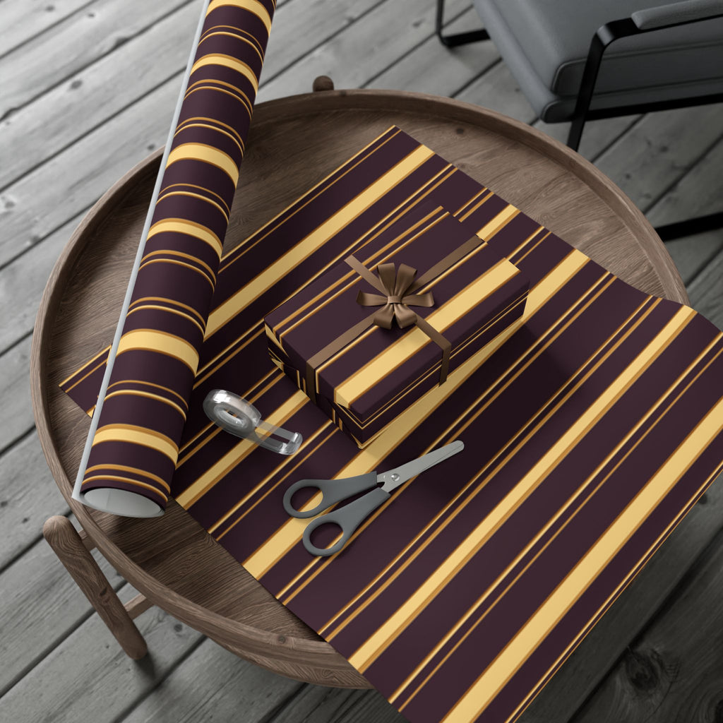 1960s-inspired gold stripe wrapping paper on deep plum, view 4