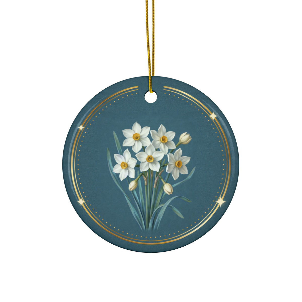 Personalized ceramic Christmas ornament with paperwhite narcissus, the December birth flower, view 3