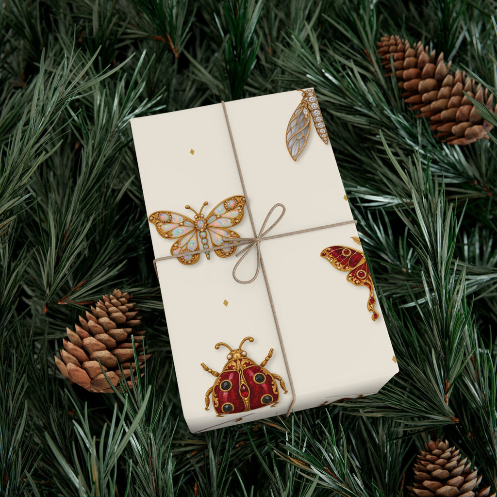 Jeweled Insect Wrapping Paper, Ivory Bridal Shower Gift Wrap, Vintage Brooch Bug Pattern, Elegant Wedding & Birthday Wrap