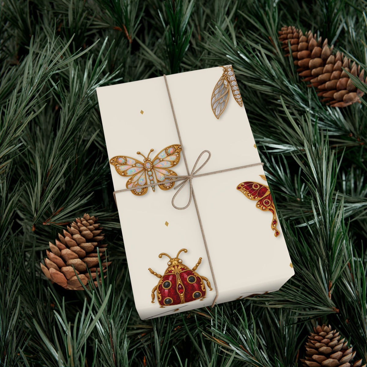 Jeweled Insect Wrapping Paper, Ivory Bridal Shower Gift Wrap, Vintage Brooch Bug Pattern, Elegant Wedding & Birthday Wrap