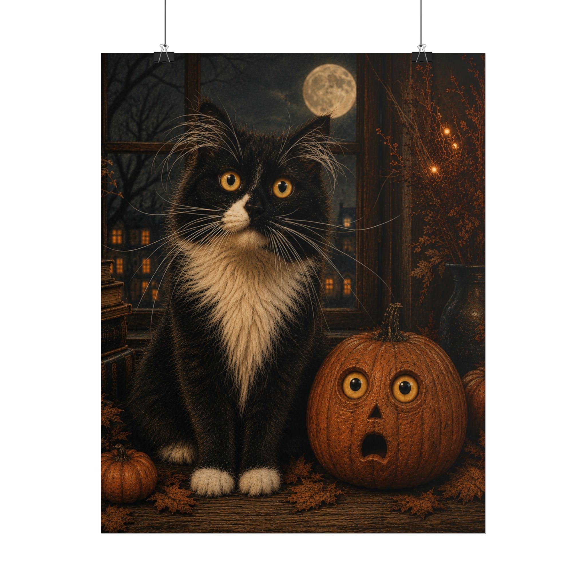 Halloween Cat Poster, Black Cat and Pumpkin Wall Art, Spooky Halloween Decor, Vintage Style Cat Print
