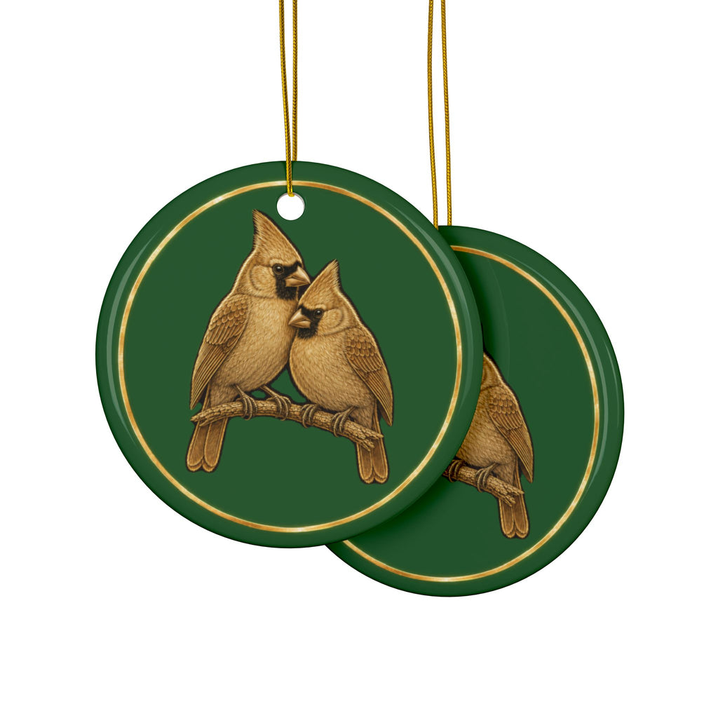 Cardinals Ornament, Woodland Creatures Christmas Ornament, Green and Gold Ceramic Ornament, Couples Gift