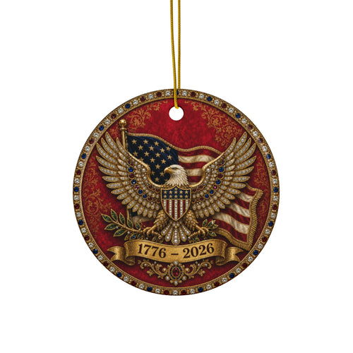 America 250 Ornament 1776 2026, Jeweled Gold Eagle and Flag Christmas Ornament, Garnet Patriotic Ceramic Ornament, 250th Anniversary Gift