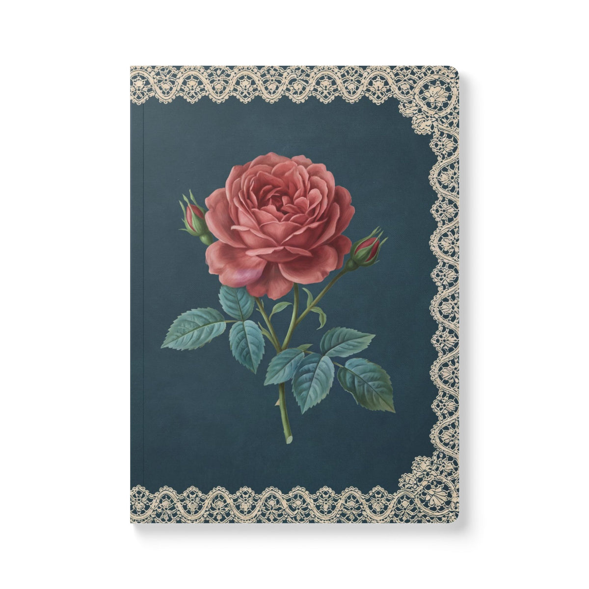 June birth flower journal with red rose oil painting art and lace border on a teal cover, view 2