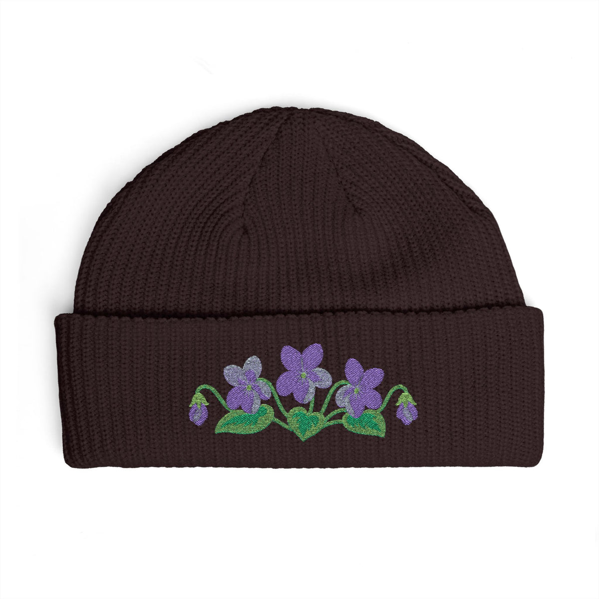 Cuffed knit beanie embroidered with the violet, February birth flower, view 8