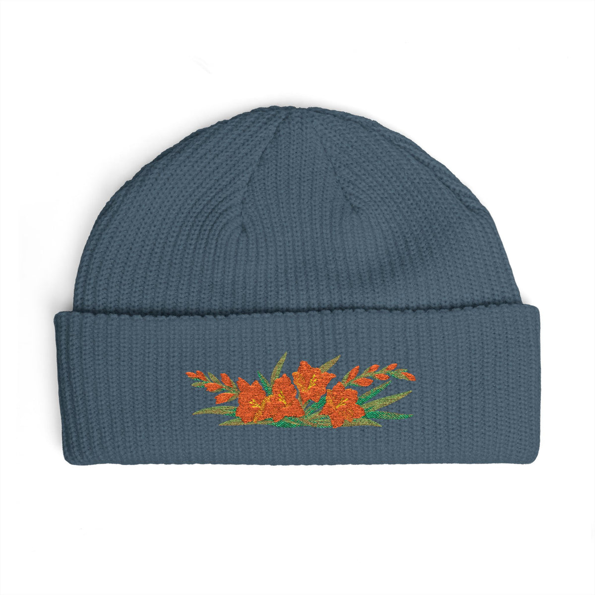 Cuffed knit beanie embroidered with the gladiolus, August birth flower, view 7