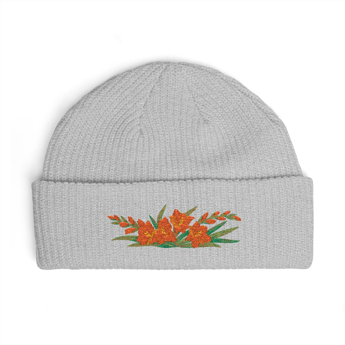 Cuffed knit beanie embroidered with the gladiolus, August birth flower, view 5