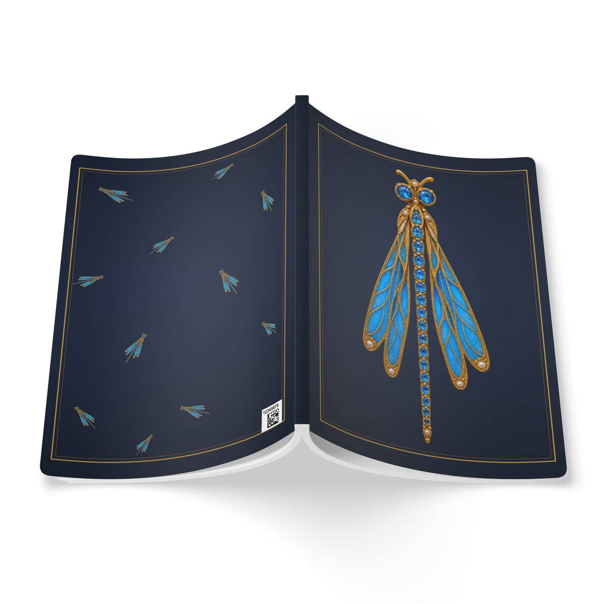 Jeweled blue topaz dragonfly journal with vintage brooch art on a navy cover, December birthstone gift, view 8