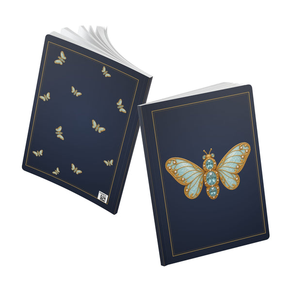 Jeweled aquamarine hoverfly journal with vintage brooch art on a navy cover, March birthstone gift