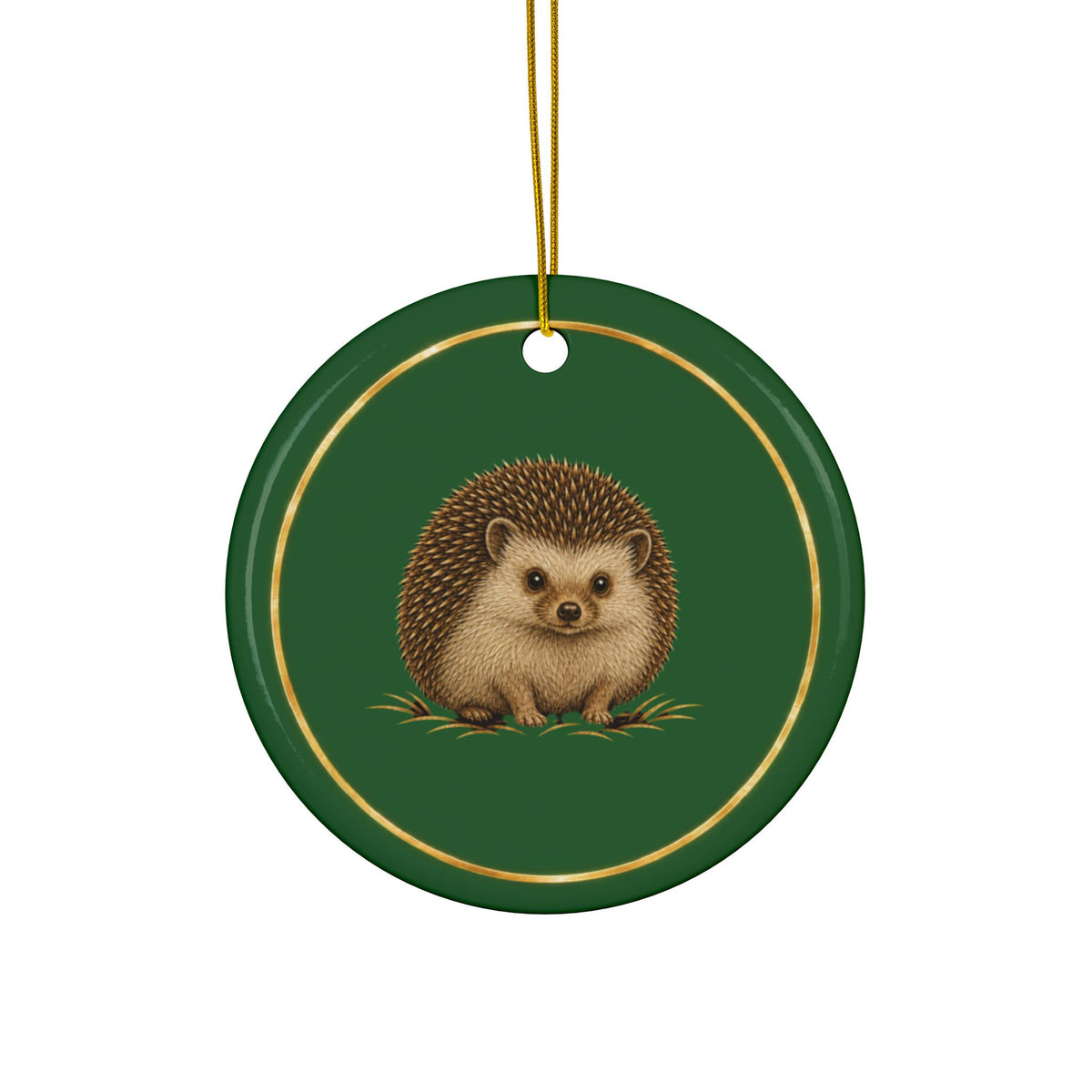 Hedgehog Ornament, Woodland Creatures Christmas Ornament, Green and Gold Ceramic Ornament, Hedgehog Gift