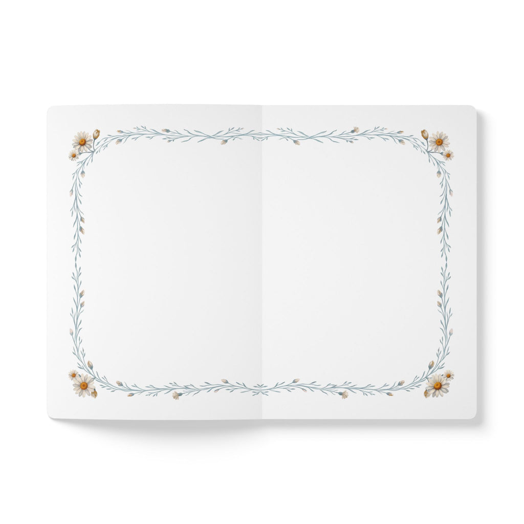 April birth flower journal with white daisy oil painting art and lace border on a teal cover, view 6