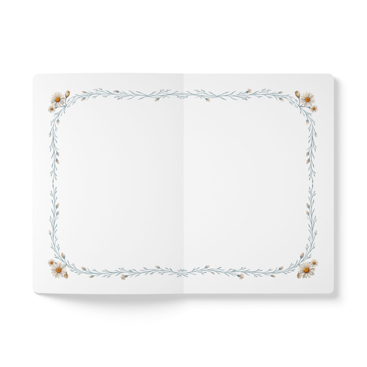 April birth flower journal with white daisy oil painting art and lace border on a teal cover, view 6