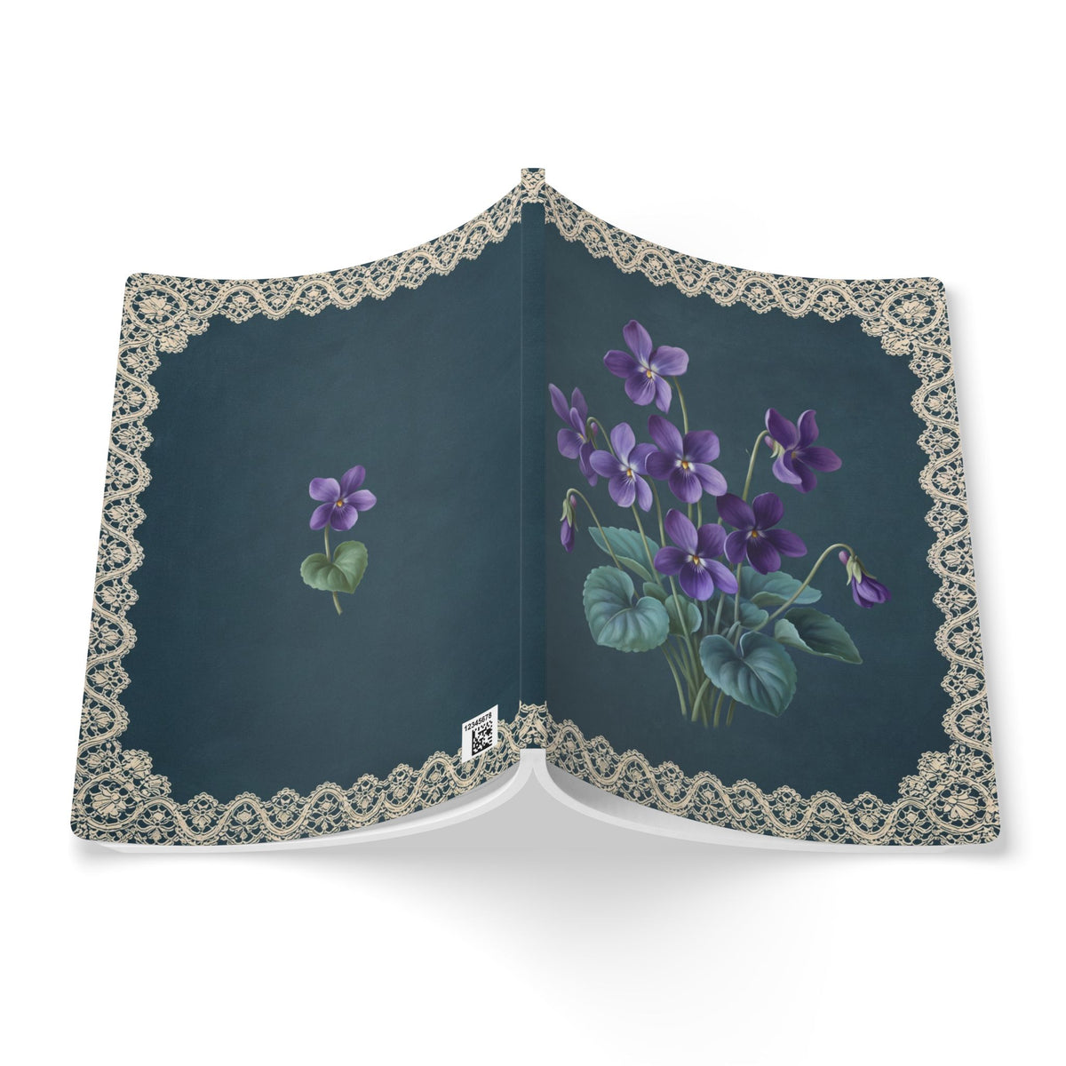 February birth flower journal with purple violet oil painting art and lace border on a teal cover, view 8