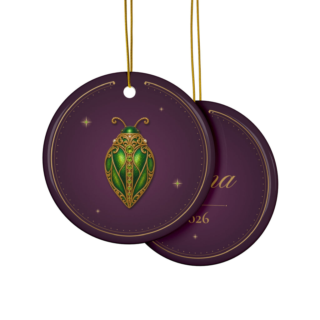Personalized ceramic Christmas ornament with jeweled peridot beetle, August birthstone, view 3