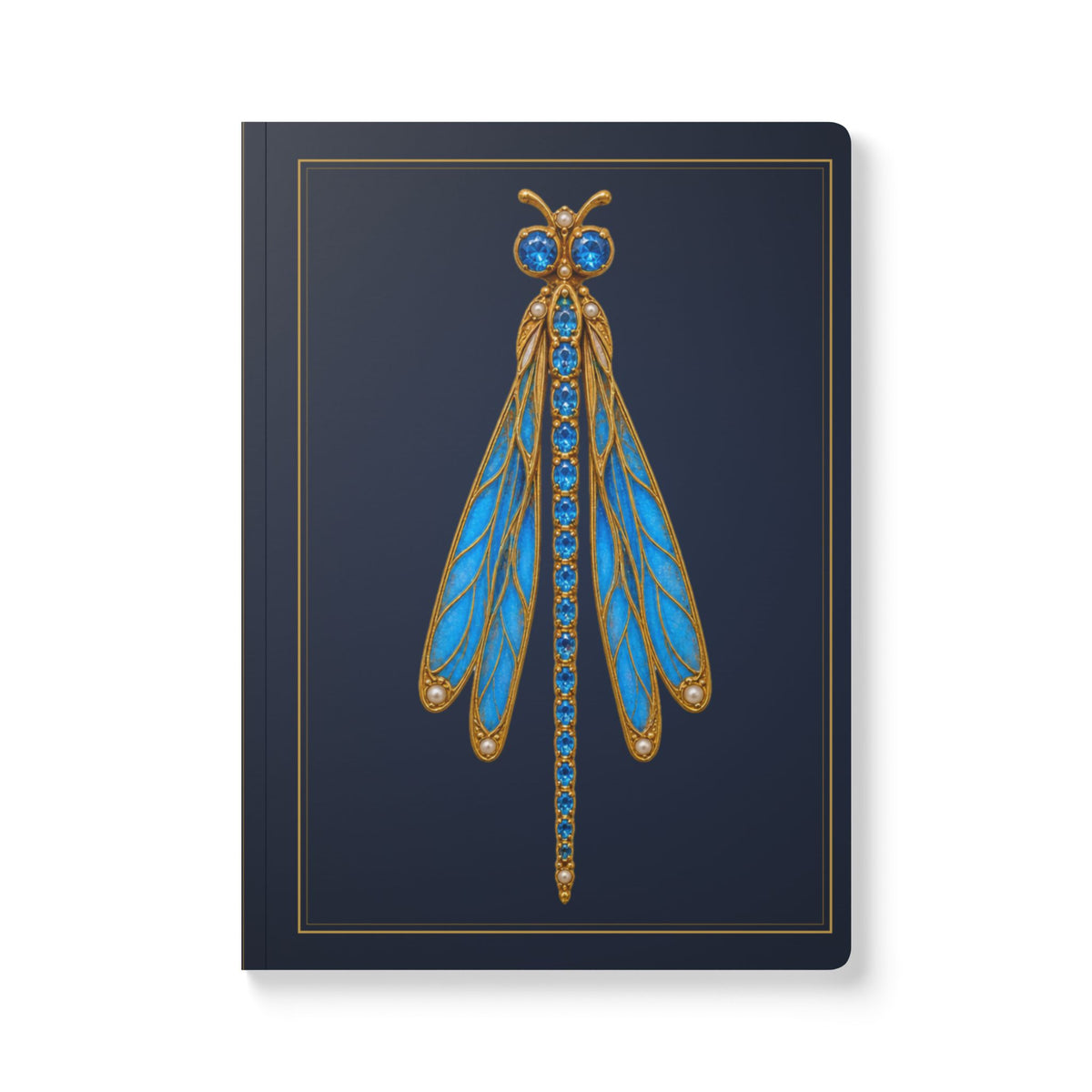 Jeweled blue topaz dragonfly journal with vintage brooch art on a navy cover, December birthstone gift, view 2