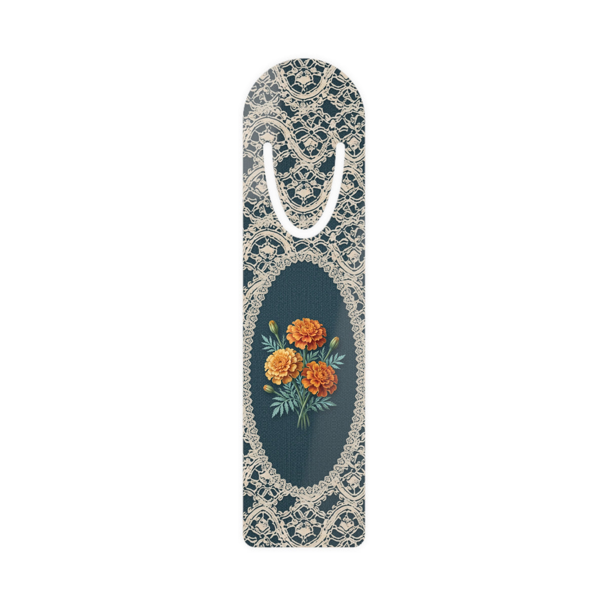 Metal bookmark with orange marigold, the October birth flower, in vintage lace floral art