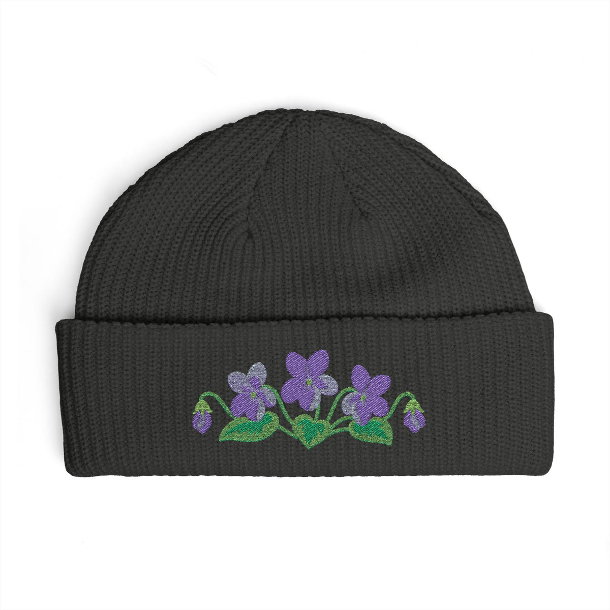 Cuffed knit beanie embroidered with the violet, February birth flower, view 9