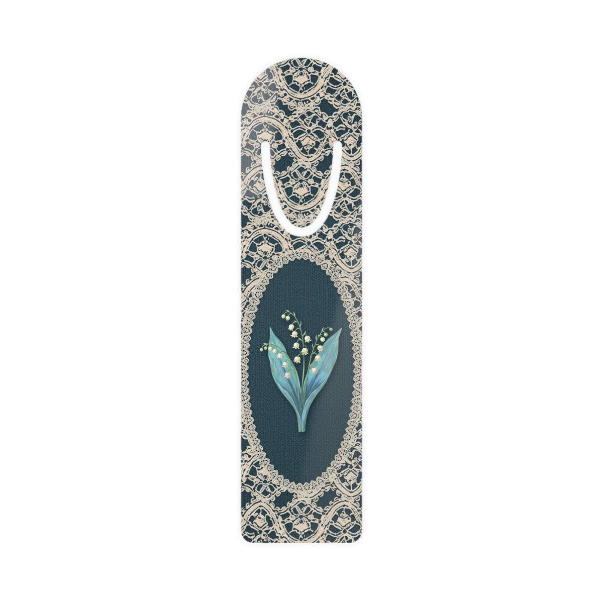 Metal bookmark with lily of the valley, the May birth flower, in vintage lace floral art
