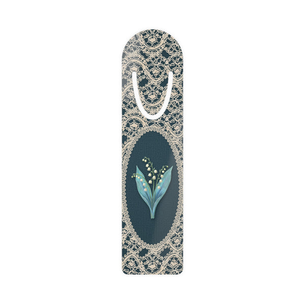 Metal bookmark with lily of the valley, the May birth flower, in vintage lace floral art
