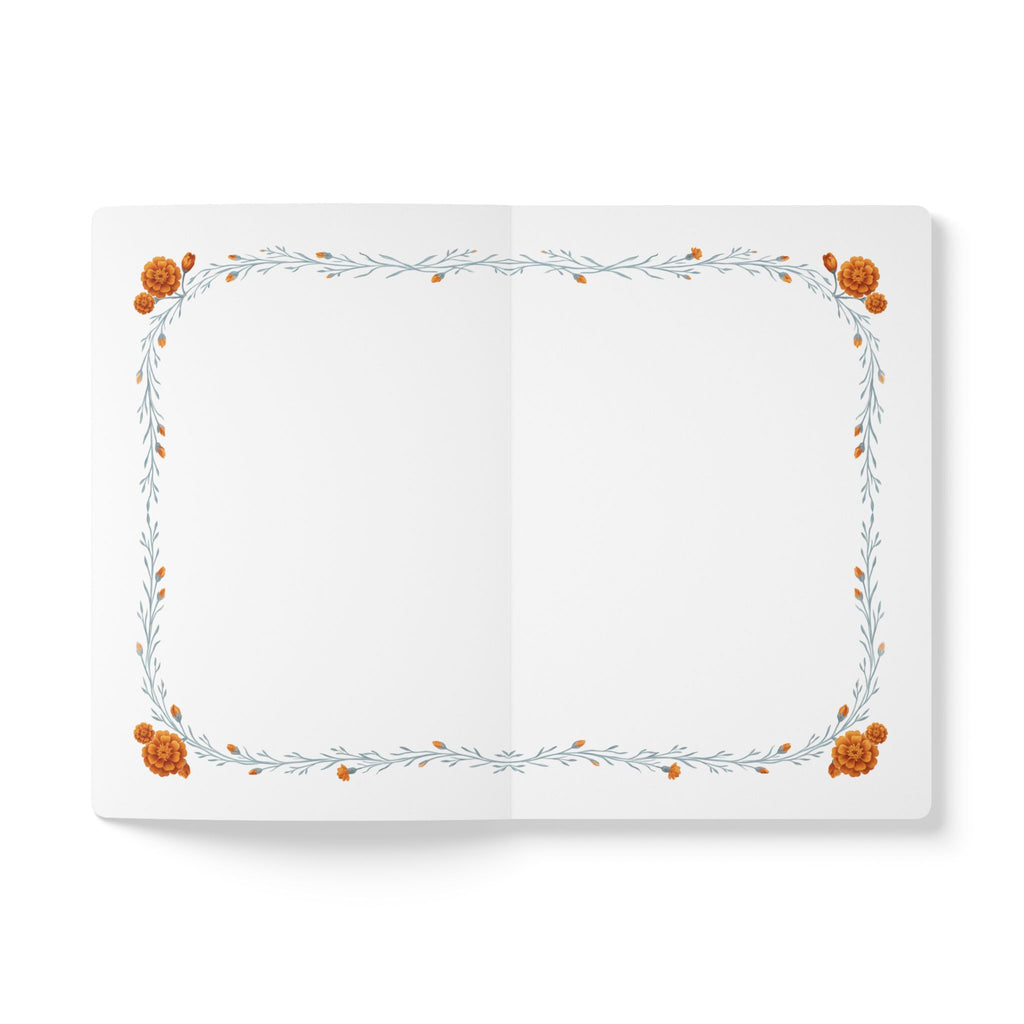 October birth flower journal with orange marigold oil painting art and lace border on a teal cover, view 6