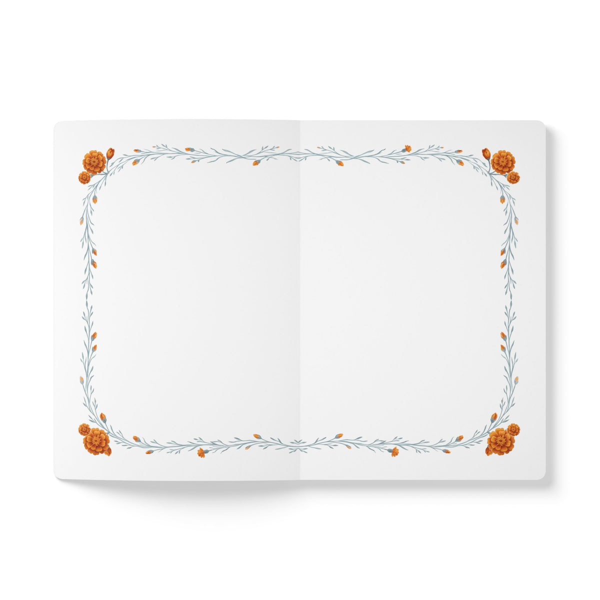 October birth flower journal with orange marigold oil painting art and lace border on a teal cover, view 6