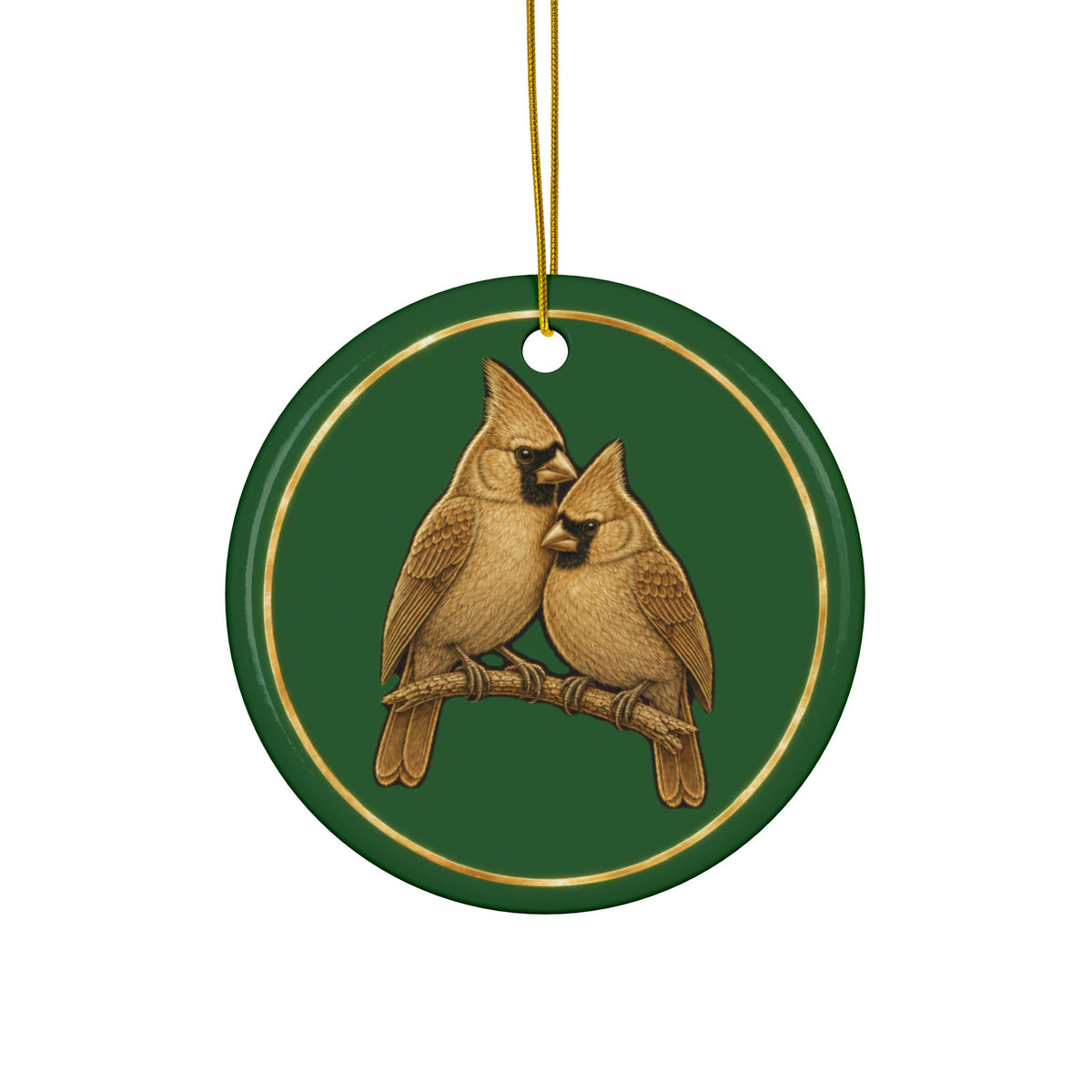 Cardinals Ornament, Woodland Creatures Christmas Ornament, Green and Gold Ceramic Ornament, Couples Gift
