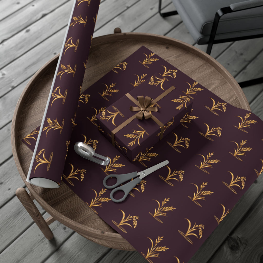 Elegant holiday wrapping paper with gold reeds and ducks on deep plum, view 11