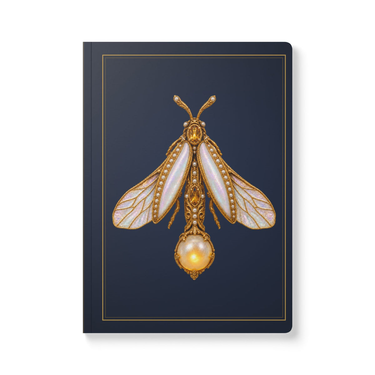 Jeweled pearl firefly journal with vintage brooch art on a navy cover, June birthstone gift, view 2