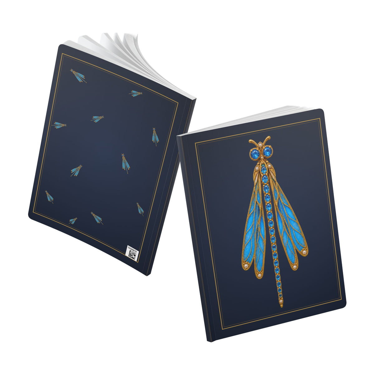 Jeweled blue topaz dragonfly journal with vintage brooch art on a navy cover, December birthstone gift