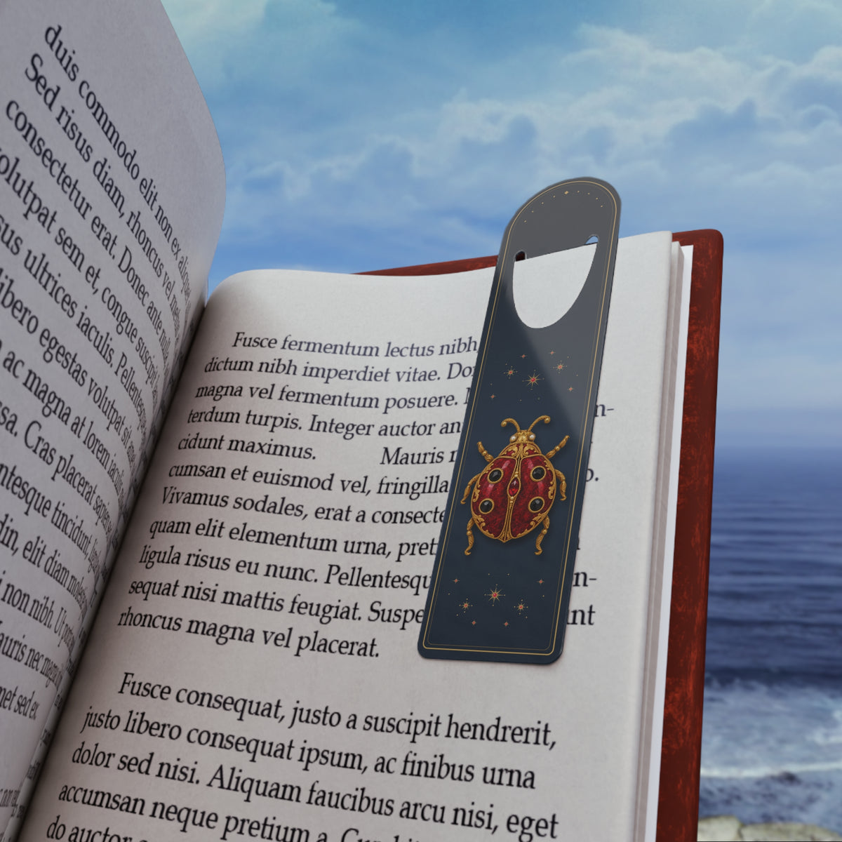 Metal bookmark with jeweled garnet ladybug, the January birthstone, in vintage brooch style, view 2