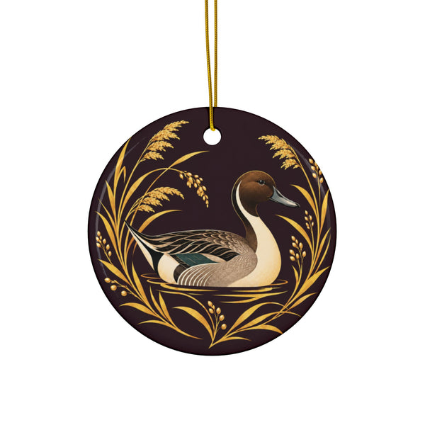 1960s-style pintail duck ceramic ornament in plum and gold