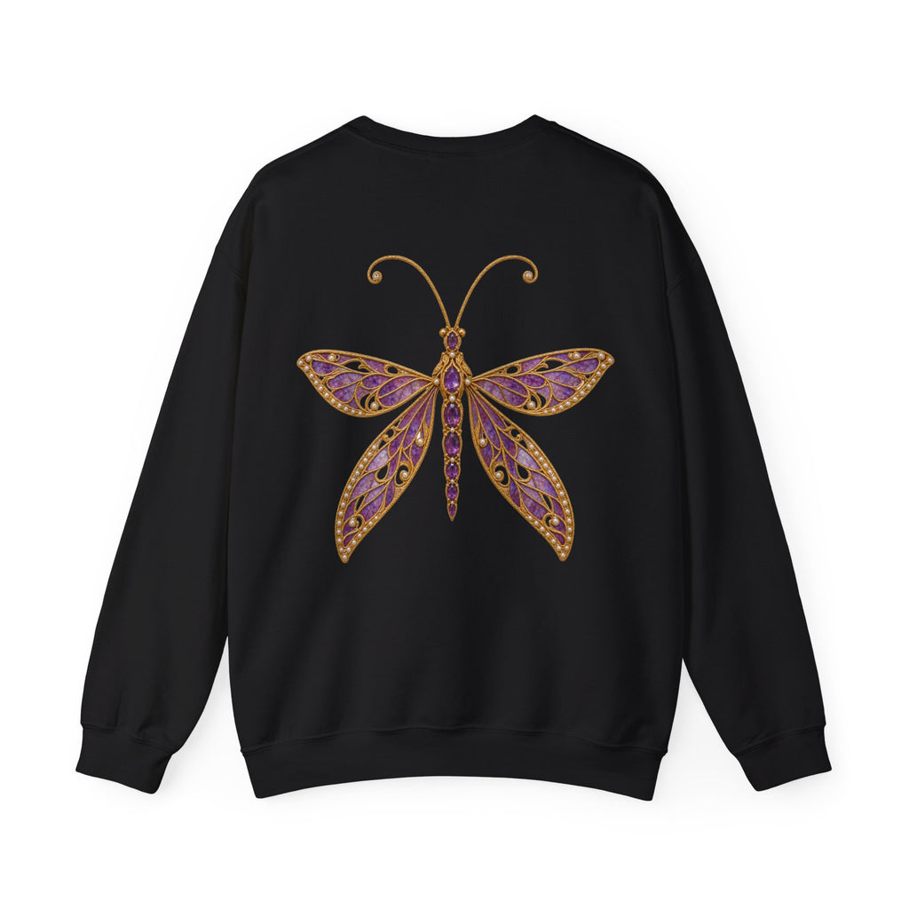 February birthstone sweatshirt with jeweled amethyst lacewing brooch art and personalized monogram, view 3