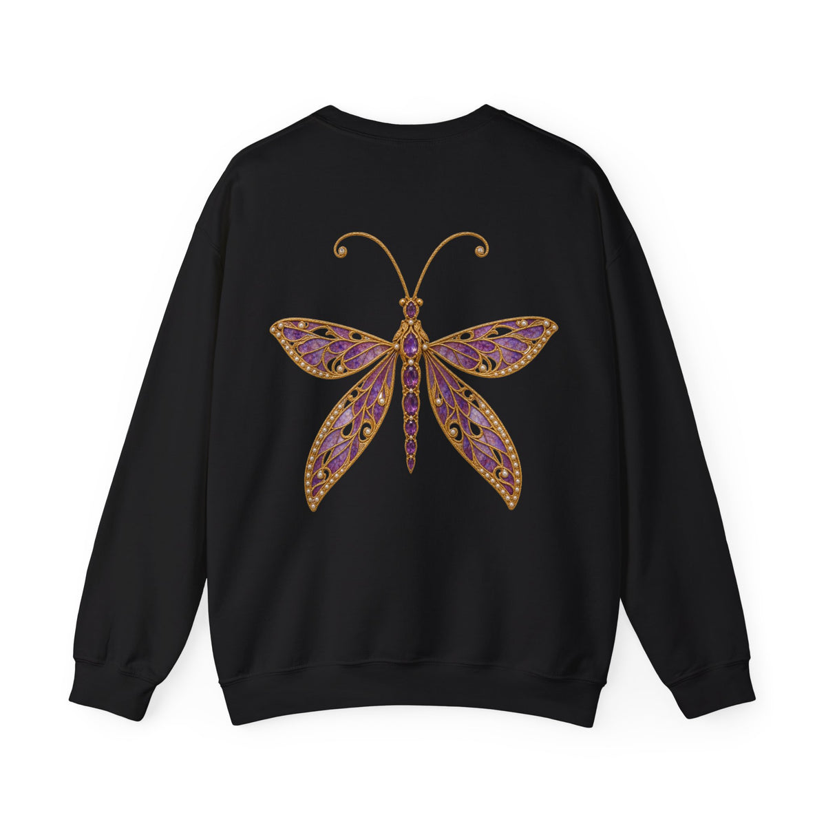 February birthstone sweatshirt with jeweled amethyst lacewing brooch art and personalized monogram, view 3