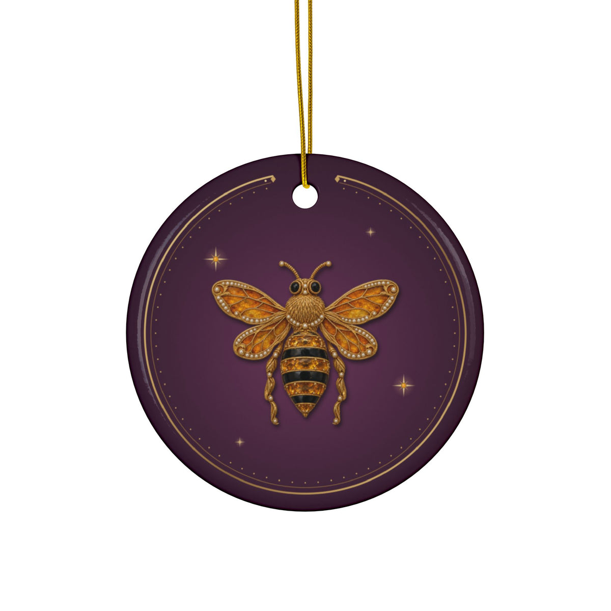 Personalized ceramic Christmas ornament with jeweled citrine honeybee, November birthstone, view 2