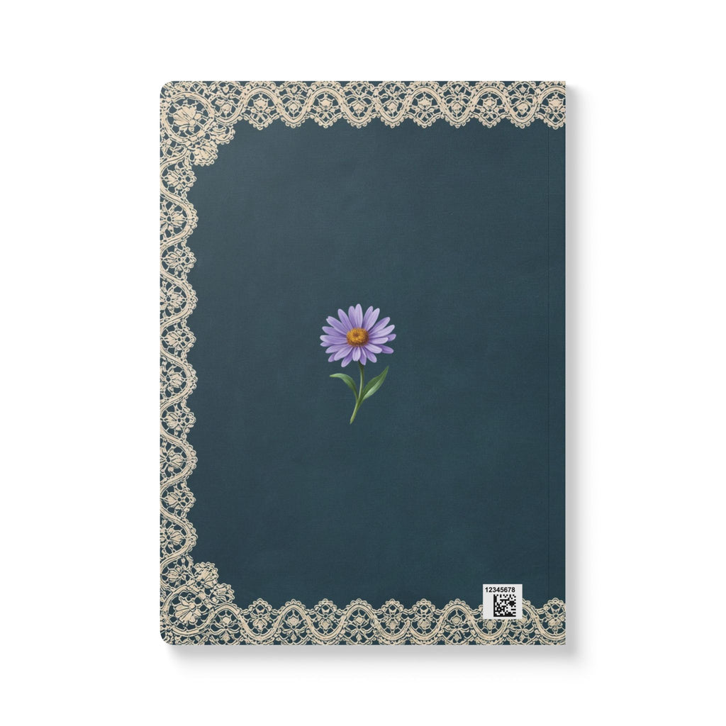 September birth flower journal with purple aster oil painting art and lace border on a teal cover, view 3