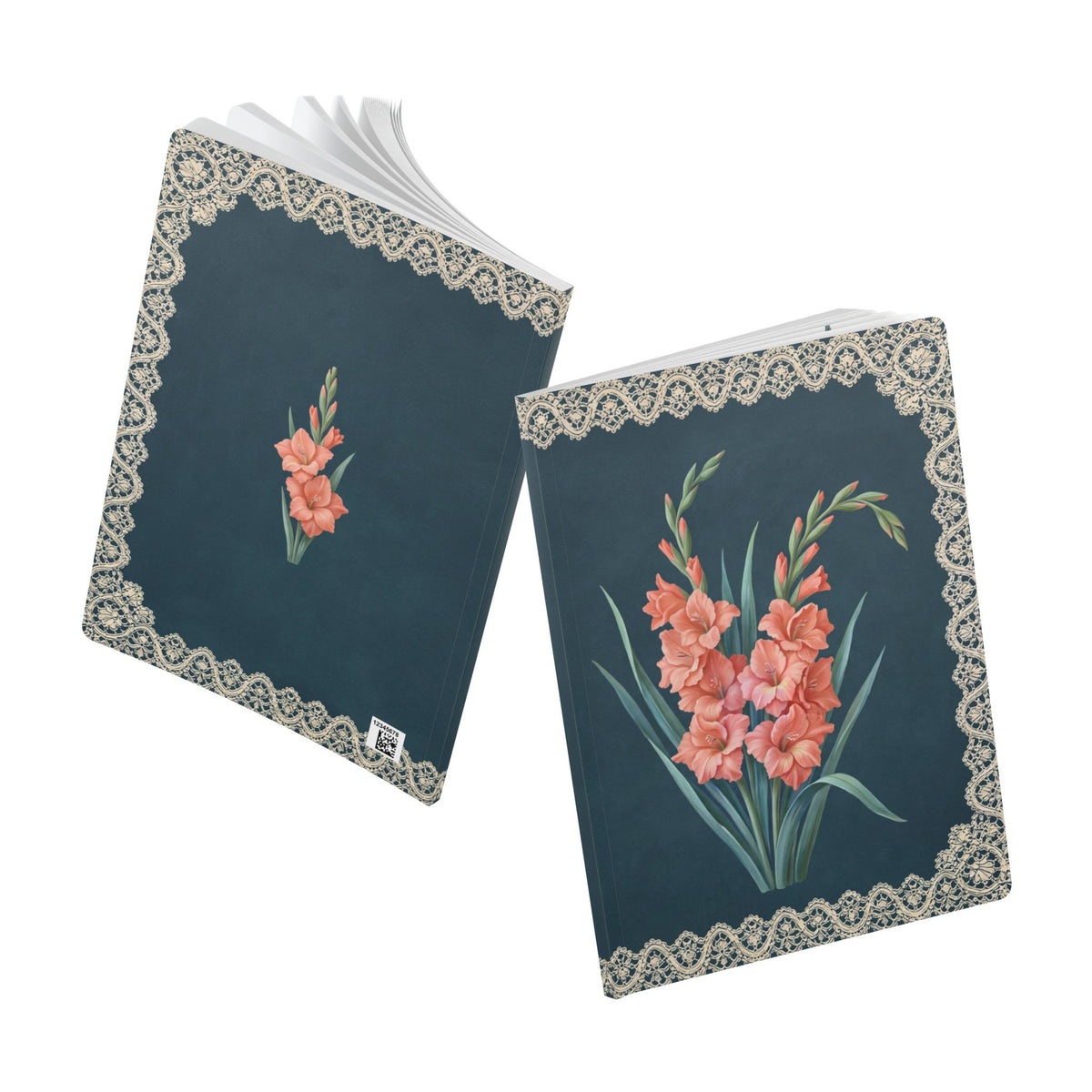 August birth flower journal with coral gladiolus oil painting art and lace border on a teal cover