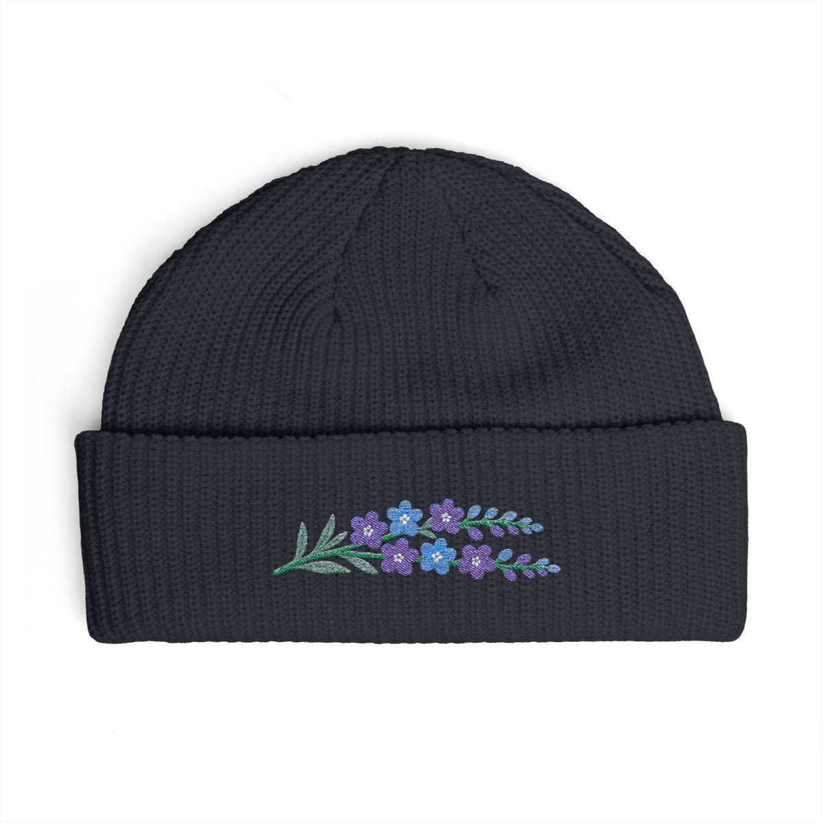 Cuffed knit beanie embroidered with the larkspur, July birth flower, view 7