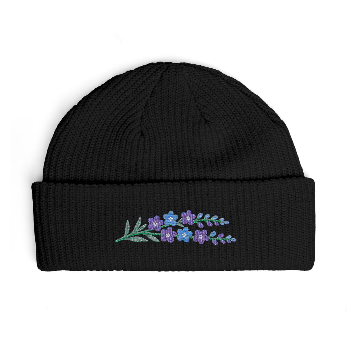 Cuffed knit beanie embroidered with the larkspur, July birth flower, view 2