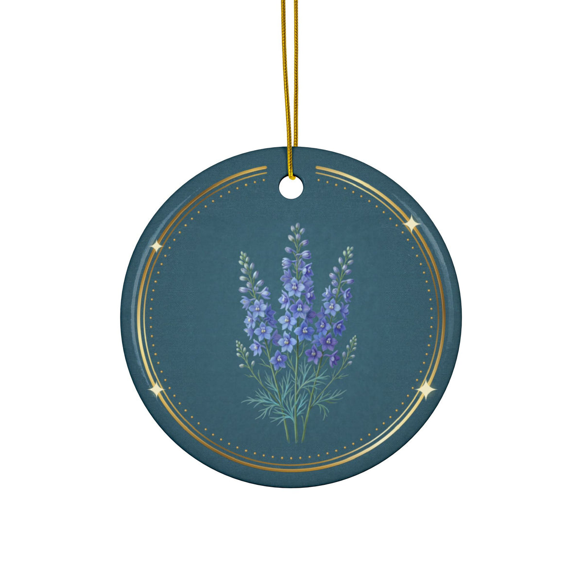 Personalized ceramic Christmas ornament with blue larkspur, the July birth flower, view 3