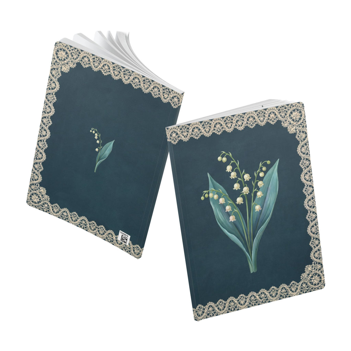 May birth flower journal with lily of the valley oil painting art and lace border on a teal cover