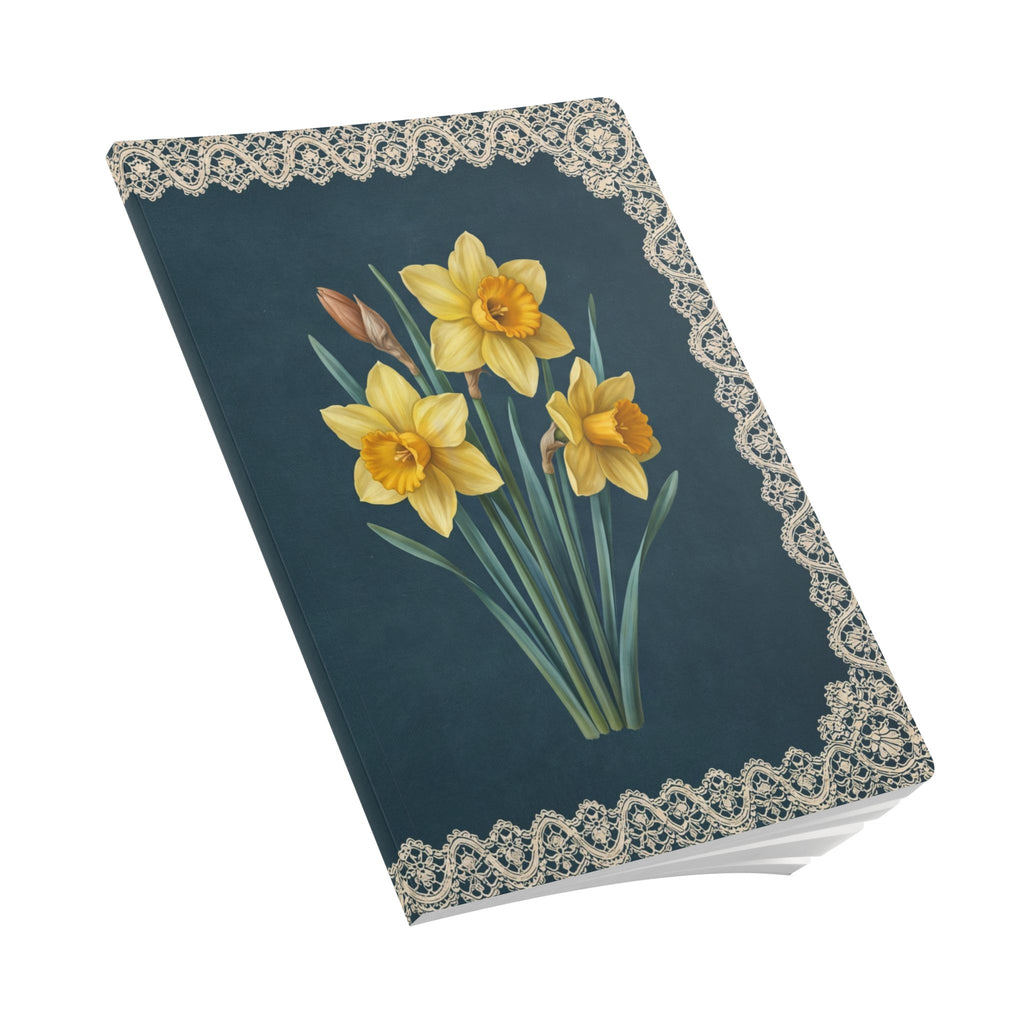 March birth flower journal with yellow daffodil oil painting art and lace border on a teal cover, view 9