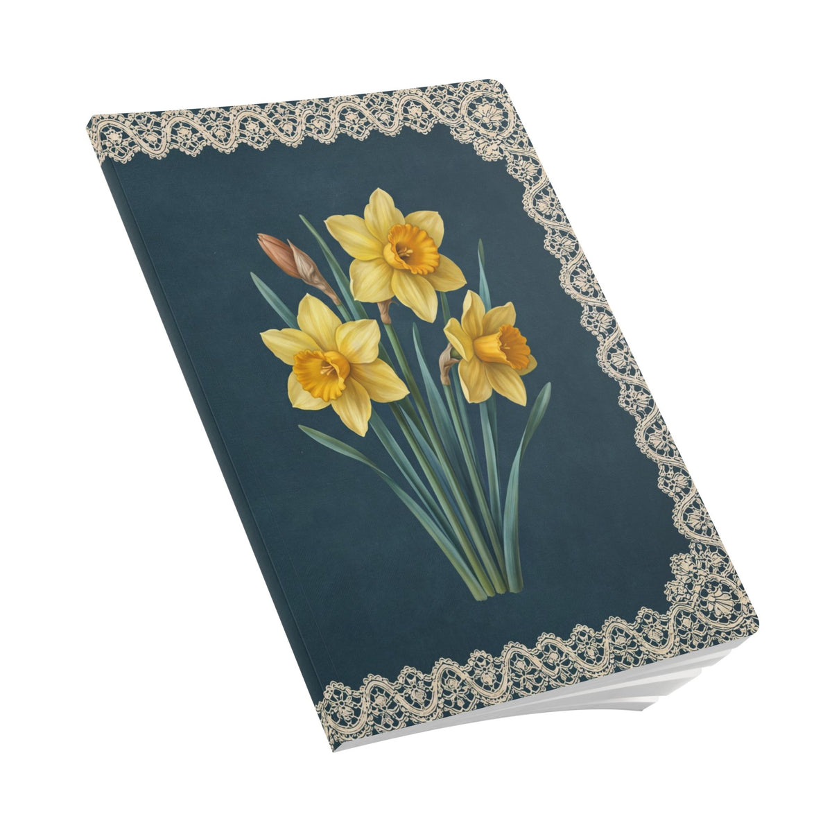 March birth flower journal with yellow daffodil oil painting art and lace border on a teal cover, view 9