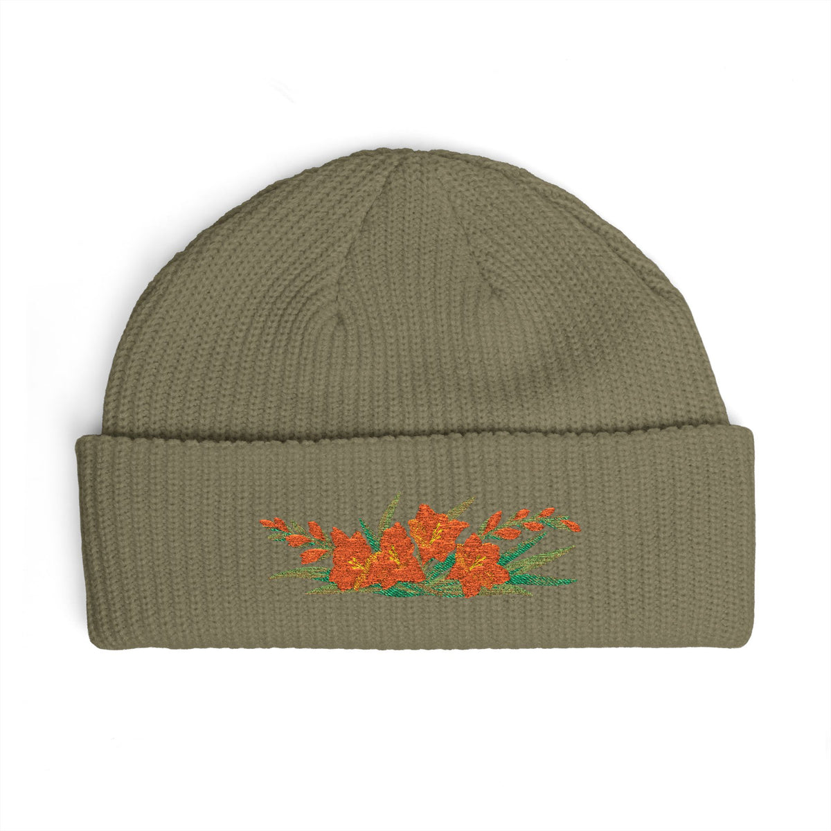 Cuffed knit beanie embroidered with the gladiolus, August birth flower, view 6