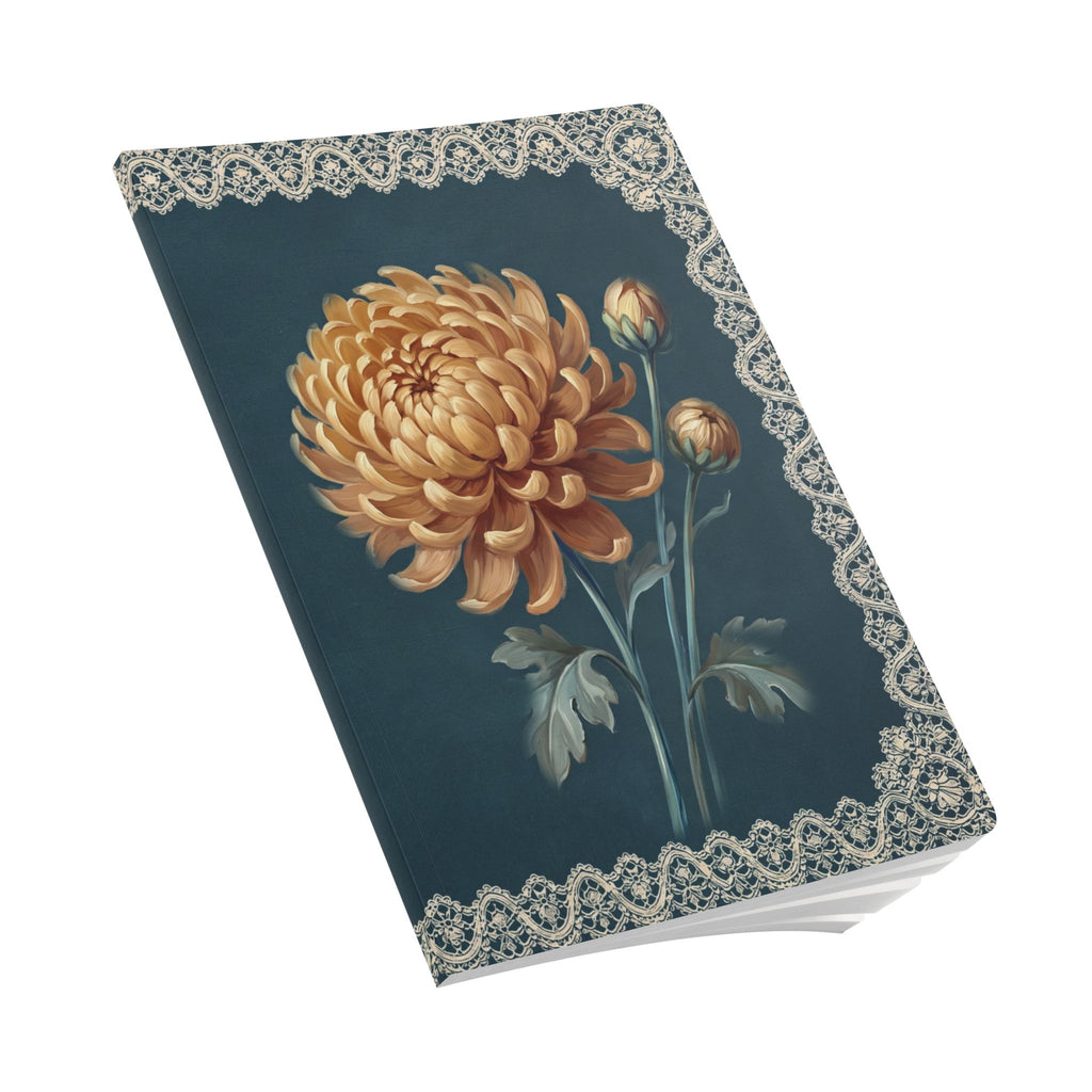 November birth flower journal with golden chrysanthemum oil painting art and lace border on a teal cover, view 9