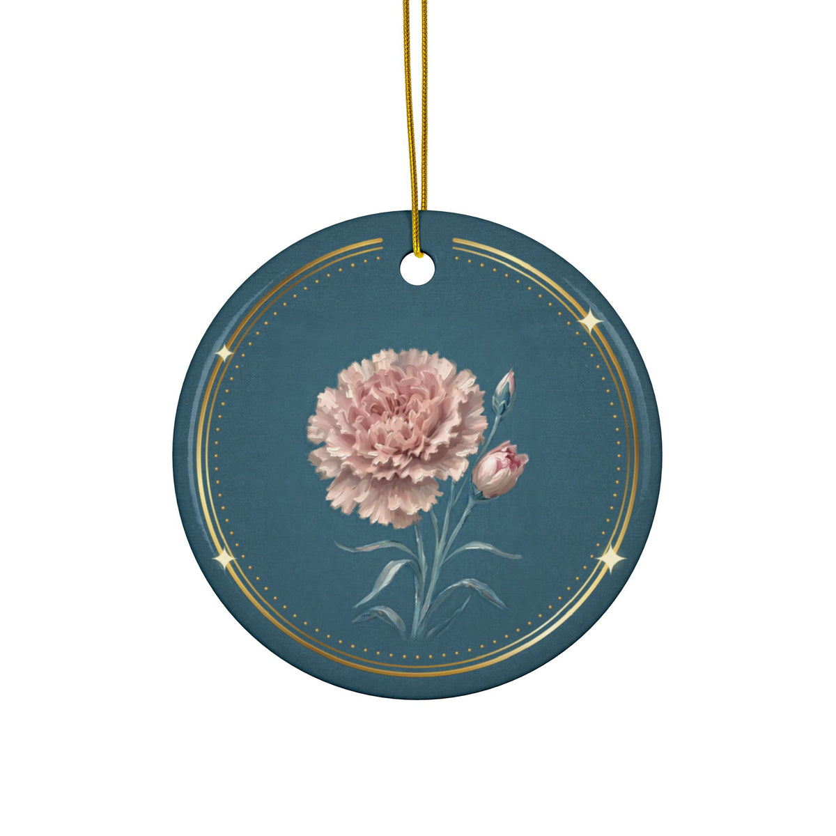 Personalized ceramic Christmas ornament with pink carnation, the January birth flower, view 3